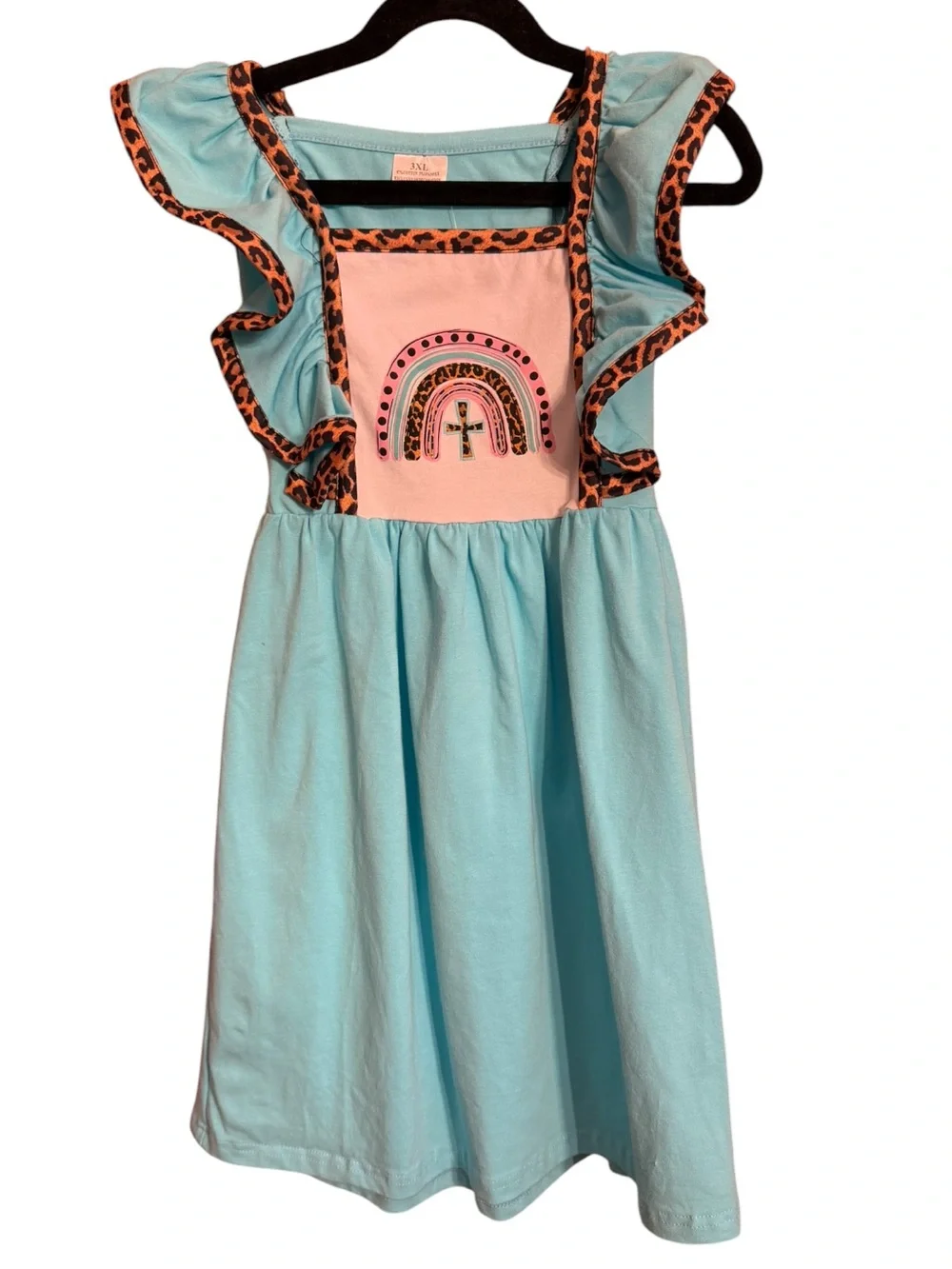 Girls Aqua Ruffle Dress with Pink Rainbow Panel